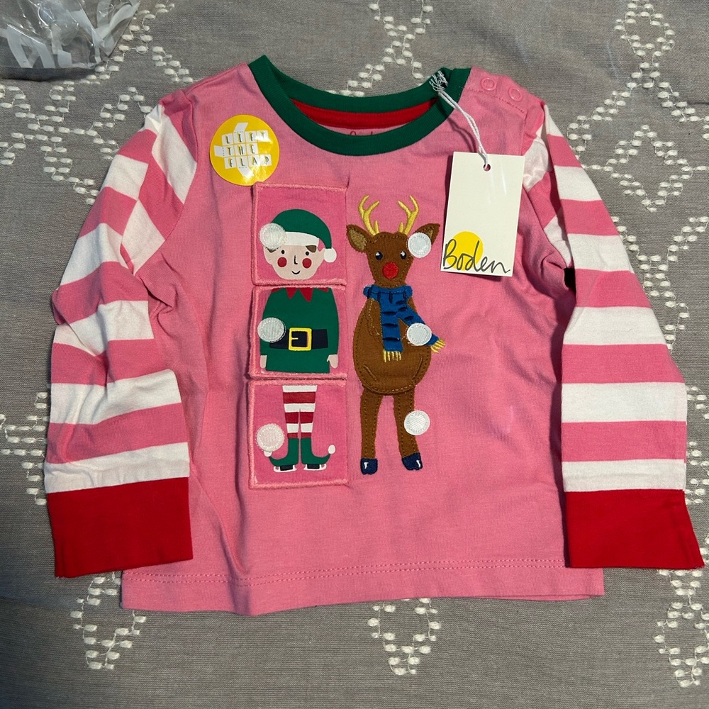 Mini Boden Pink and Red Striped Kids Shirt with Elf and Reindeer